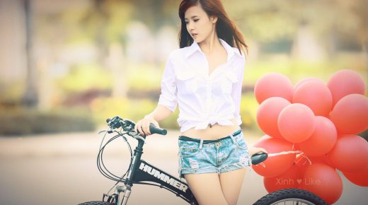 Asian Girl Bike Red Balloons Beauty Girl HD Desktop Wallpaper Widescreen